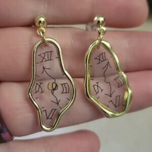 Unique Surreal Melting Clock Gold Tone Earrings